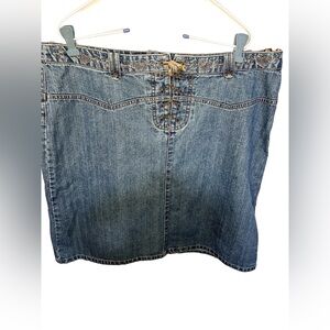Vntg Y2K Faded Glory Denim Skirt Embroidered Paisley Tan Suede Lace Up 18 Cotton